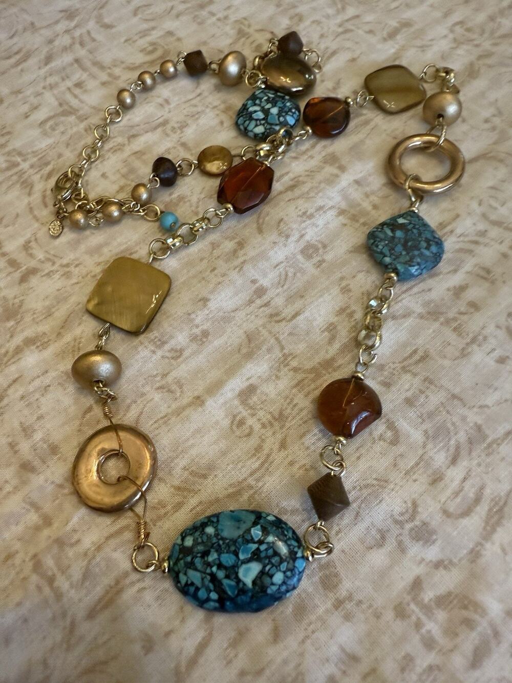 VTG Premier Designs Faux Turquoise Amber Station Necklace Signed 27 - 30"